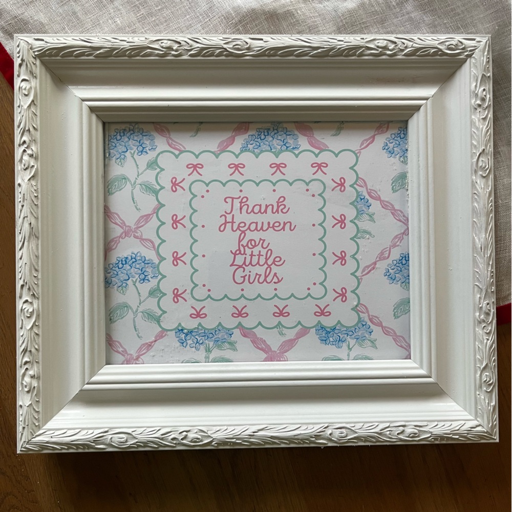 Thank Heaven For Little Girls Pink Floral Nursery Wall Hanging 13x15”VTG Frame